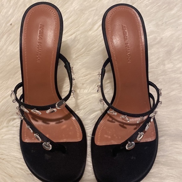 New Amina Muaddi Tina Satin Crystal Charm sandals size 37.5EU - Picture 7 of 14